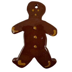 Ned Foltz Pottery Redware Gingerbread Man Ornament Brown Yellow Glaze Christmas